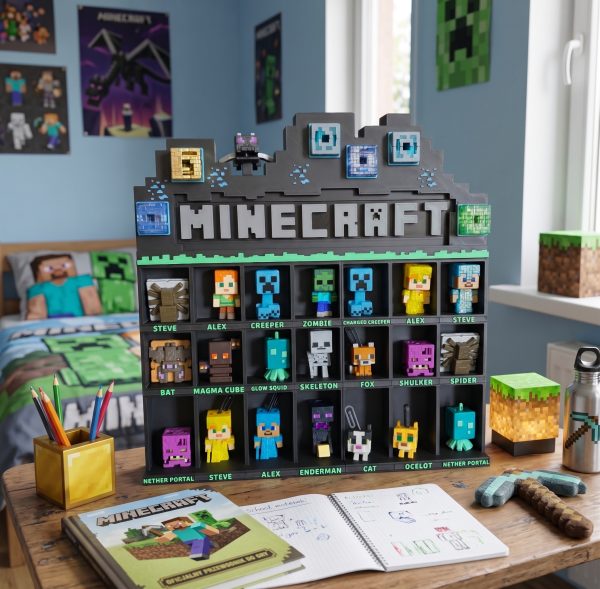 EmgIm Ekspozytor z druku 3D na mini figurki dla gracza - widok z przodu z poukładaną kolekcją postaci